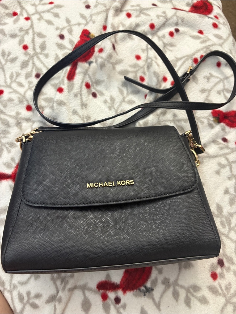 Michael Kors Black Saffiano Crossbody with Gold Logo